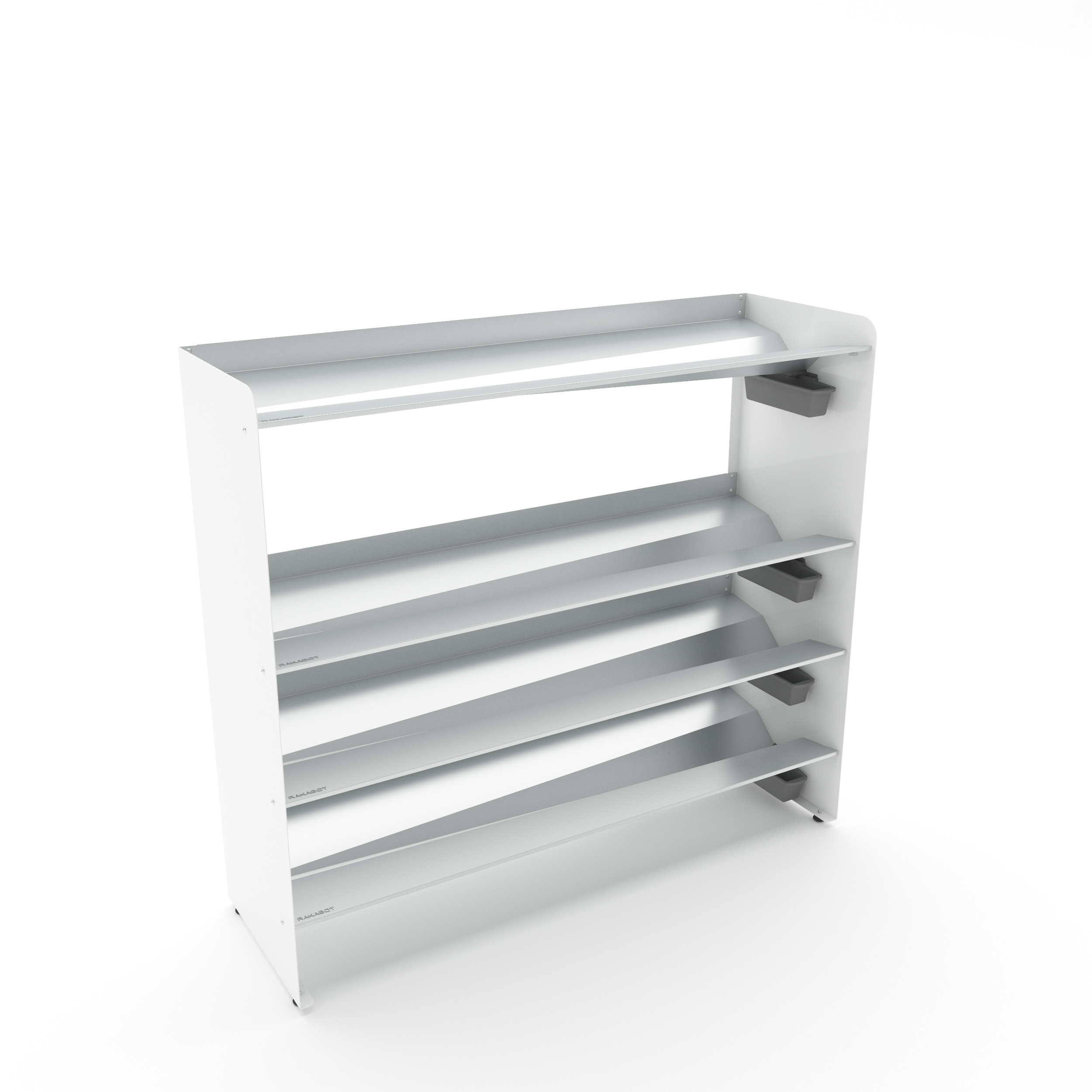 RAKABOT high-capacity footwear storage  4 Tier / Shelf 46.25" silver color / Pure white powder coated side panels/ Height 42" / Levelers / Store 20 pairs RAKABOT