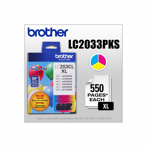 Brother LC2033PKS 3-Pack of Innobella  Colour Ink Cartridges (1 each of Cyan, Magenta, Yellow), High Yield (XL Series) Brother